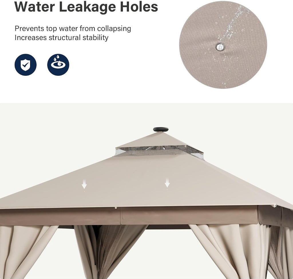 LAUSAINT HOME Patio Gazebo 10'x10' with Solar LED Roof Lights, Outdoor Heavy Duty Party Tent Shelter with Double Roofs, Mosquito Netting & Privacy Curtains for Backyard, Garden, Lawn, Khaki