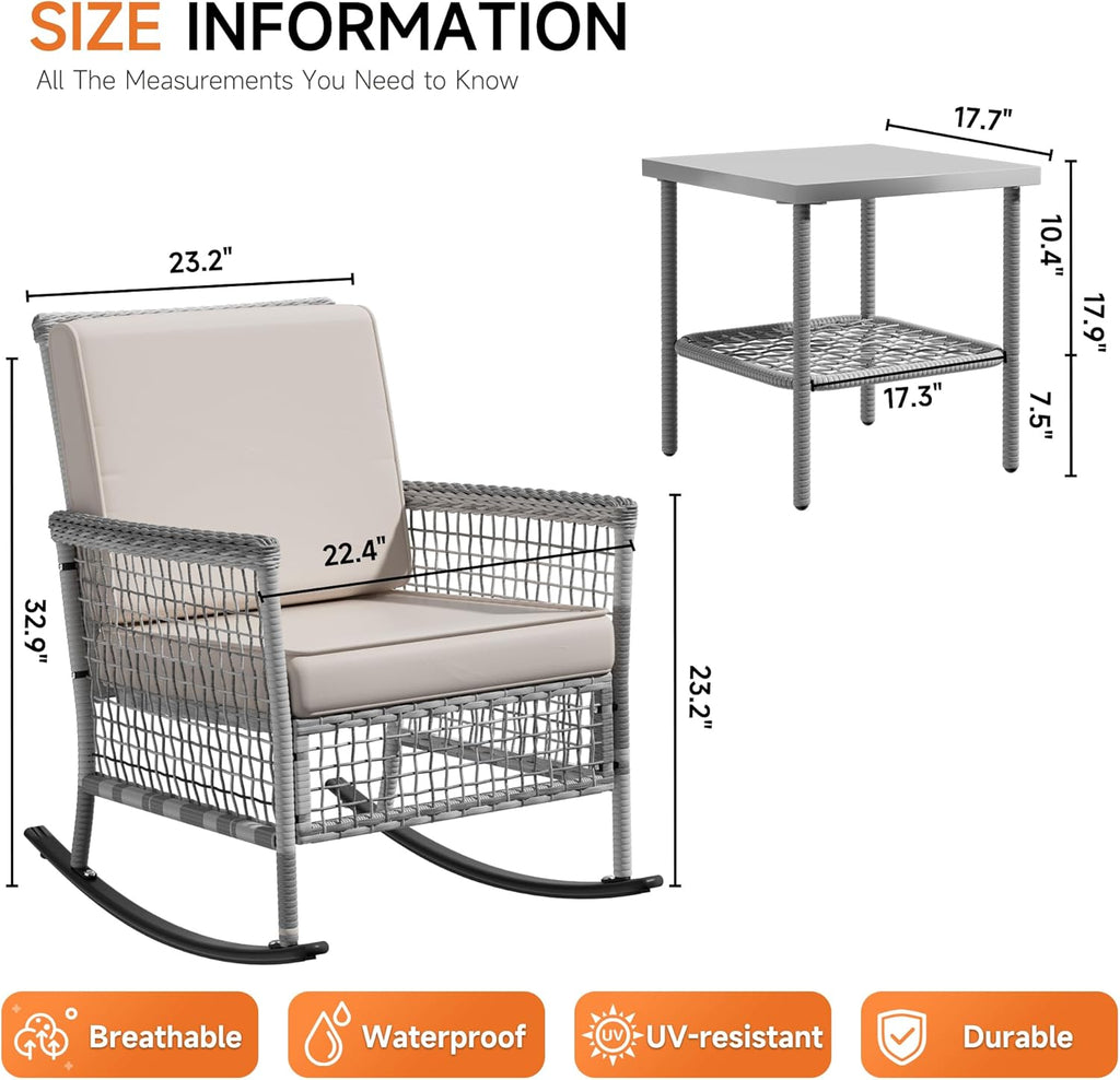 DECMICO 3 Pcs Outdoor Rocking Chair, Wicker Rocking Bistro Set with Washable Cushions, Rattan Rocking Chairs with Multi-Functional Table, Outdoor Wicker Chair for Backyard Garden Porch Poolside