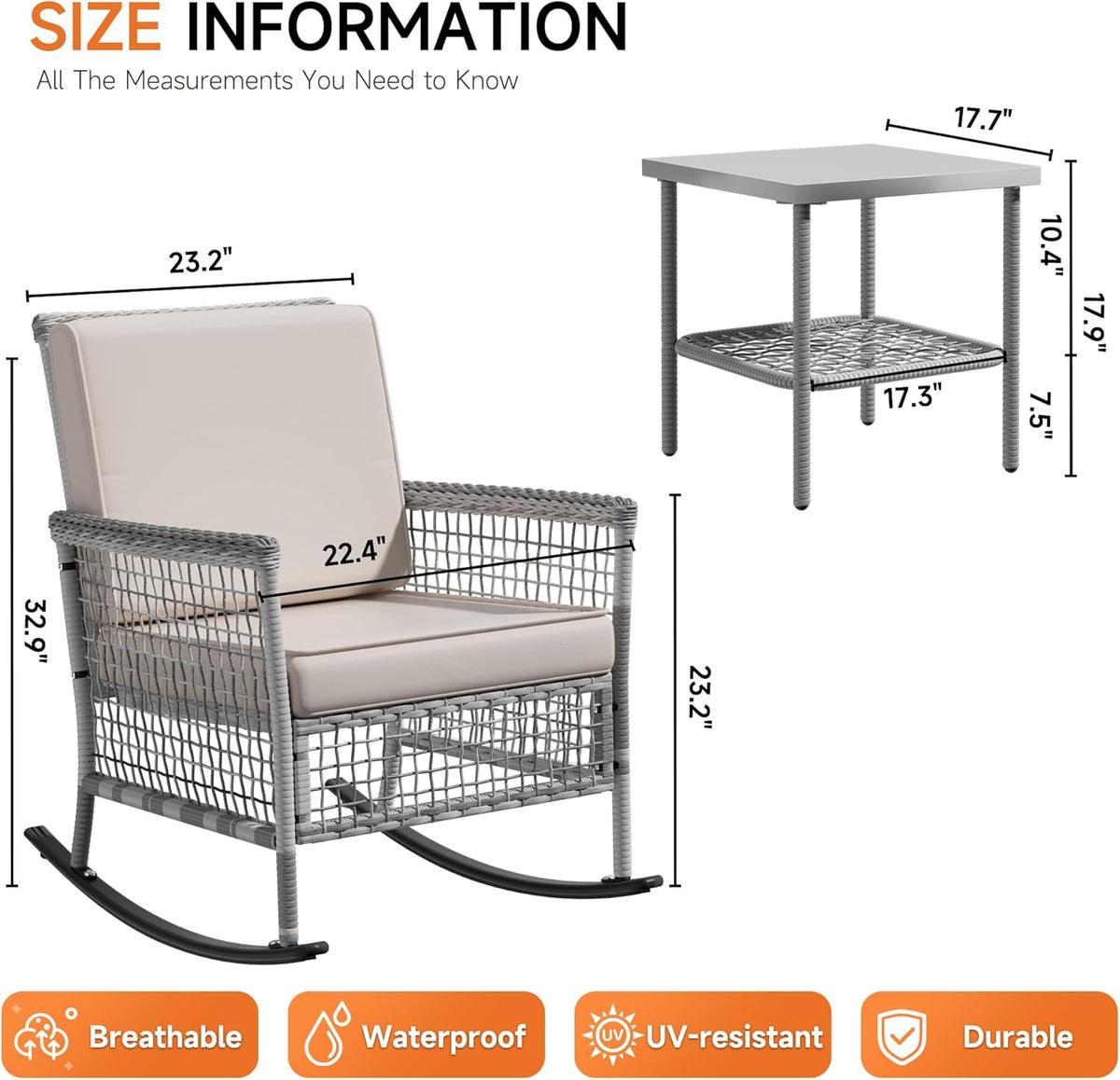 DECMICO 3 Pcs Outdoor Rocking Chair, Wicker Rocking Bistro Set with Washable Cushions, Rattan Rocking Chairs with Multi-Functional Table, Outdoor Wicker Chair for Backyard Garden Porch Poolside