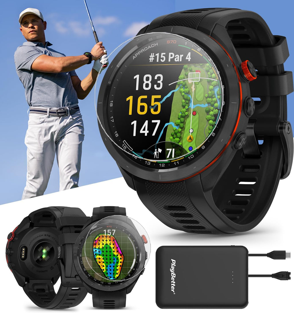 Garmin Approach S70 (Black, 47mm) Golf GPS Watch | Premium Smartwatch with AMOLED Display, Virtual Caddie & Playslike Distance | Bundle with PlayBetter Screen Protectors & Portable Charger