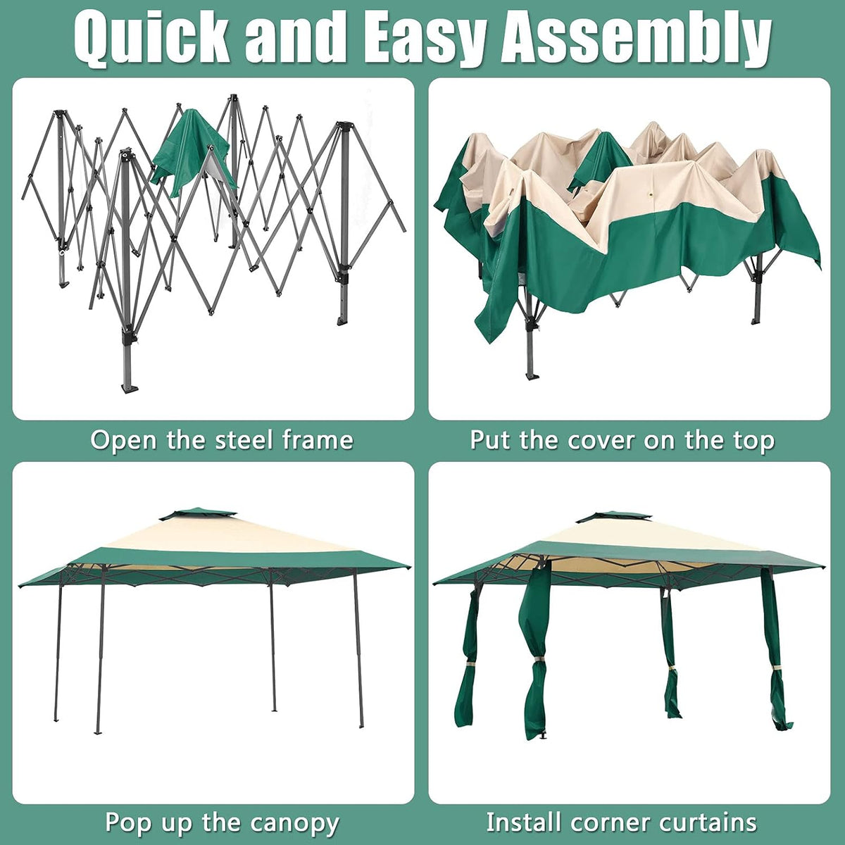 Tangkula 13 x13Ft Pop-Up Gazebo, Outdoor Canopy Shelter w/ 2-Tier Roof, Corner Curtains & 3 Adjustable Heights, Patio Gazebo with 169 Sq.Ft of Shade for Yard, Patio, Beach & Park (Green)