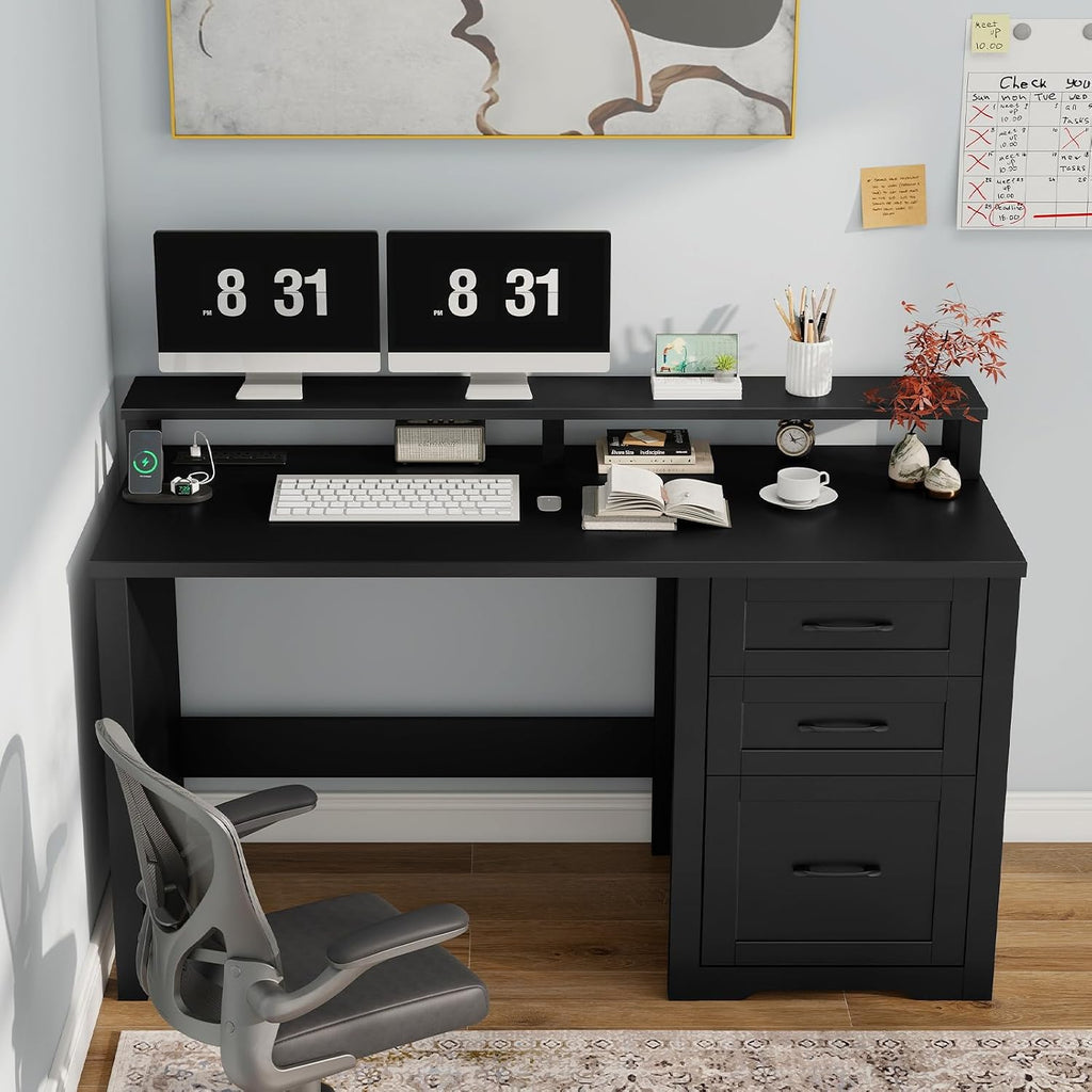 Vabches 47' Farmhouse Executive Desk with Monitor Stand & File Cabinet,3 Drawers Computer Desk with LED Lights and Power Outlets,Workstation for Home Office, Study,Writing.Pure Black