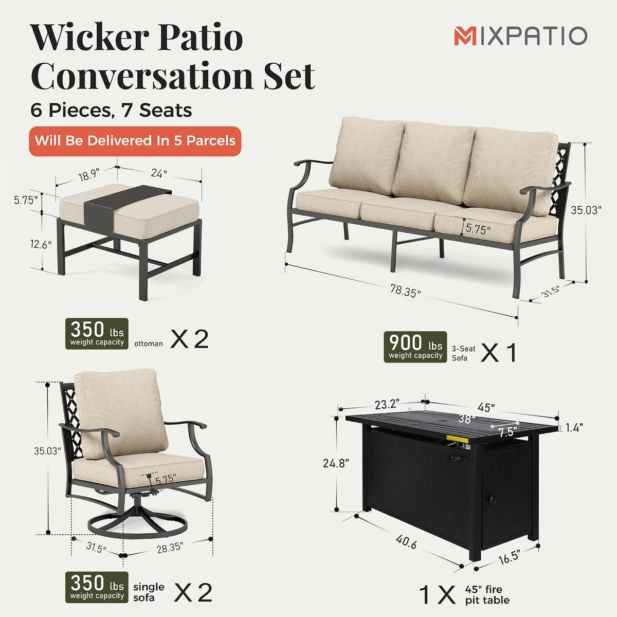 MIXPATIO Patio Furniture Set, 6 Pcs Metal Outdoor Conversation Set, 2 Swivel Chairs, 2 Ottomans and 3 Seater Sofa with 5.75' Extra Thick Cushion and Gas Fire Pit Table, Beige