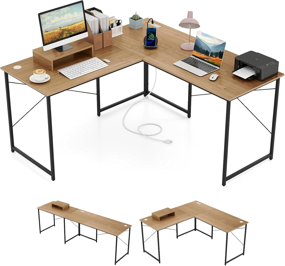 Tangkula L-Shaped Computer Desk with Power Outlets, 95' Long 2-Person Desk with Monitor Shelf, Modern Corner Desk Gaming Table with USB Ports for Home Office