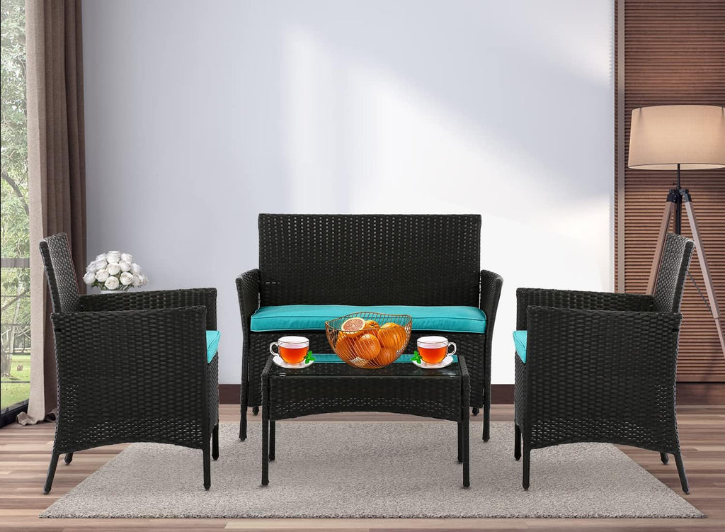 4 Pieces Wicker Patio Furniture Set Conversation Chairs with Table, Outdoor Rattan Patio Set for Balcony Backyard Front Porch Deco with Cushion Seat, Blue
