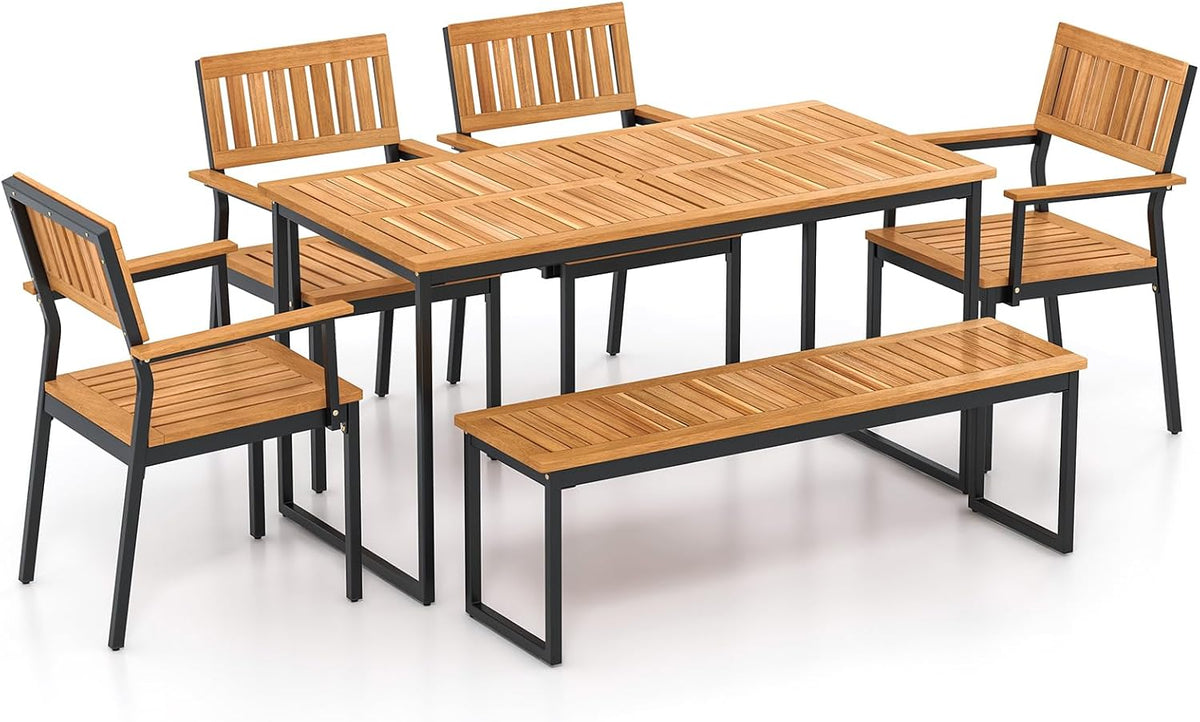 Tangkula 6 Pieces Outdoor Acacia Wood Dining Set, Patio Table and Chairs Set with Bench for 6-7 People, Outdoor Dining Furniture Set with 2' Umbrella Hole for Garden, Backyard and Poolside