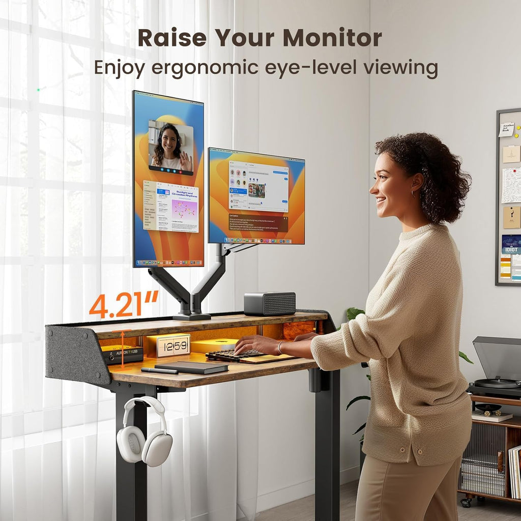 ErGear Standing Desk with LED Strip, 55″ x 28″ Electric Height Adjustable RGB Gaming Table with Shelf, Sit Stand Desk with Dual Cable Holes, C-Clamp Mount Compatible, 4 Preset Heights, Vintage Brown
