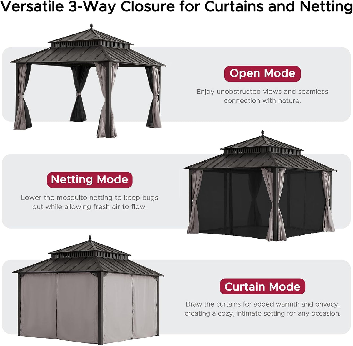 SUNJOY Kingston 12' x 12' Hardtop Gazebo with Galvanized Steel Double Roof, Curtain and Netting, Brown Aluminum Posts Permanent Pavilion Gazebo for Garden, Patio, Deck, Lawn