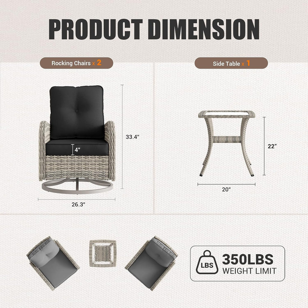 Patio Rocking Swivel Chair Outdoor Wicker Rattan Bistro Set with Tempered Glass Side Table, Outdoor Patio Furniture Set for Garden, Deck, and Balcony, Dark Grey