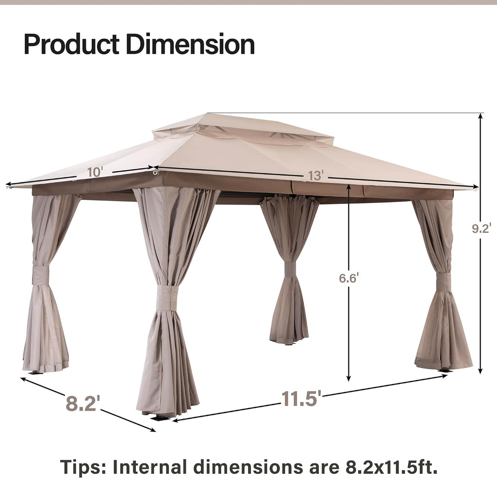 LAUSAINT HOME 10'x13' Outdoor Gazebo with 50FT String Lights, Metal Heavy Duty Patio Canopy Tent with Double Roofs, Mosquito Nettings and Privacy Screens for Backyard, Garden, Lawn, Khaki