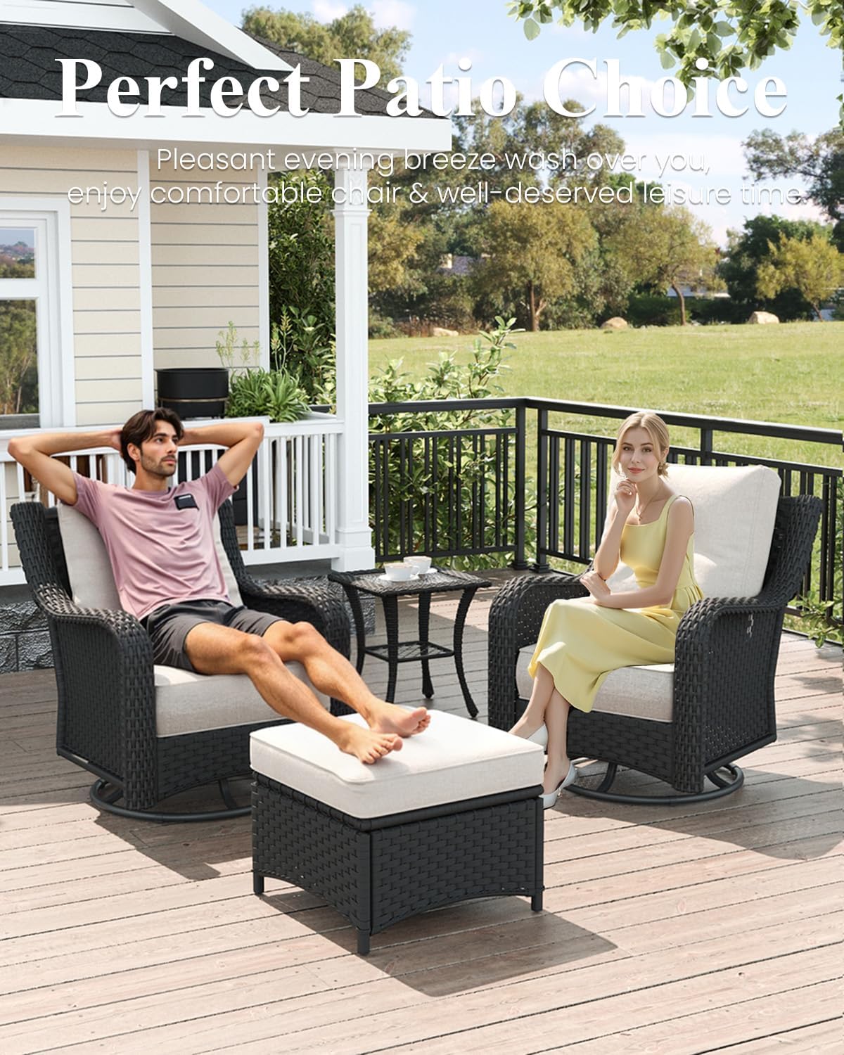 LayinSun 5 Piece Wicker Outdoor Furniture Set with 6-inch Comfy Cushions, High Back Patio Furniture Set with Swivel Rocking Chairs and Side Table