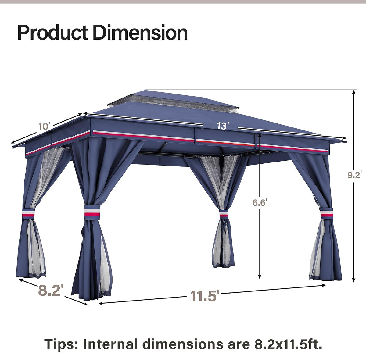 LAUSAINT HOME 10'x13' Outdoor Gazebo with 50FT String Lights, Metal Heavy Duty Patio Canopy Tent with Double Roofs, Mosquito Nettings and Privacy Screens for Backyard, Garden, Lawn, Classic Blue