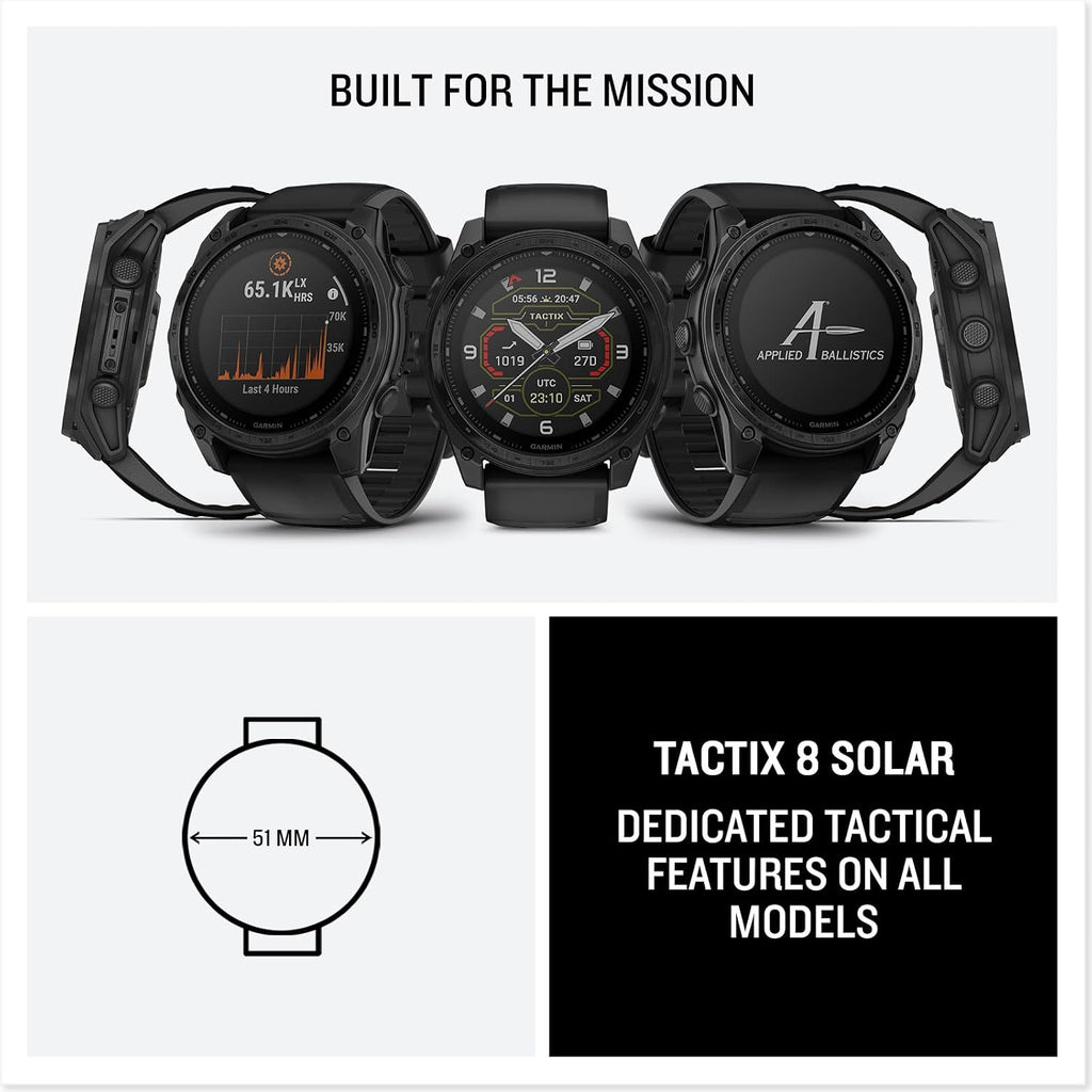 Garmin Tactix 8 51mm Solar Charged Display Smart Watch, Built-in Flashlight, 48 Days Battery Life, Premium Tactical GPS Smartwatch, Applied Ballistics Ultralight Solver Bundle + Earbuds and More