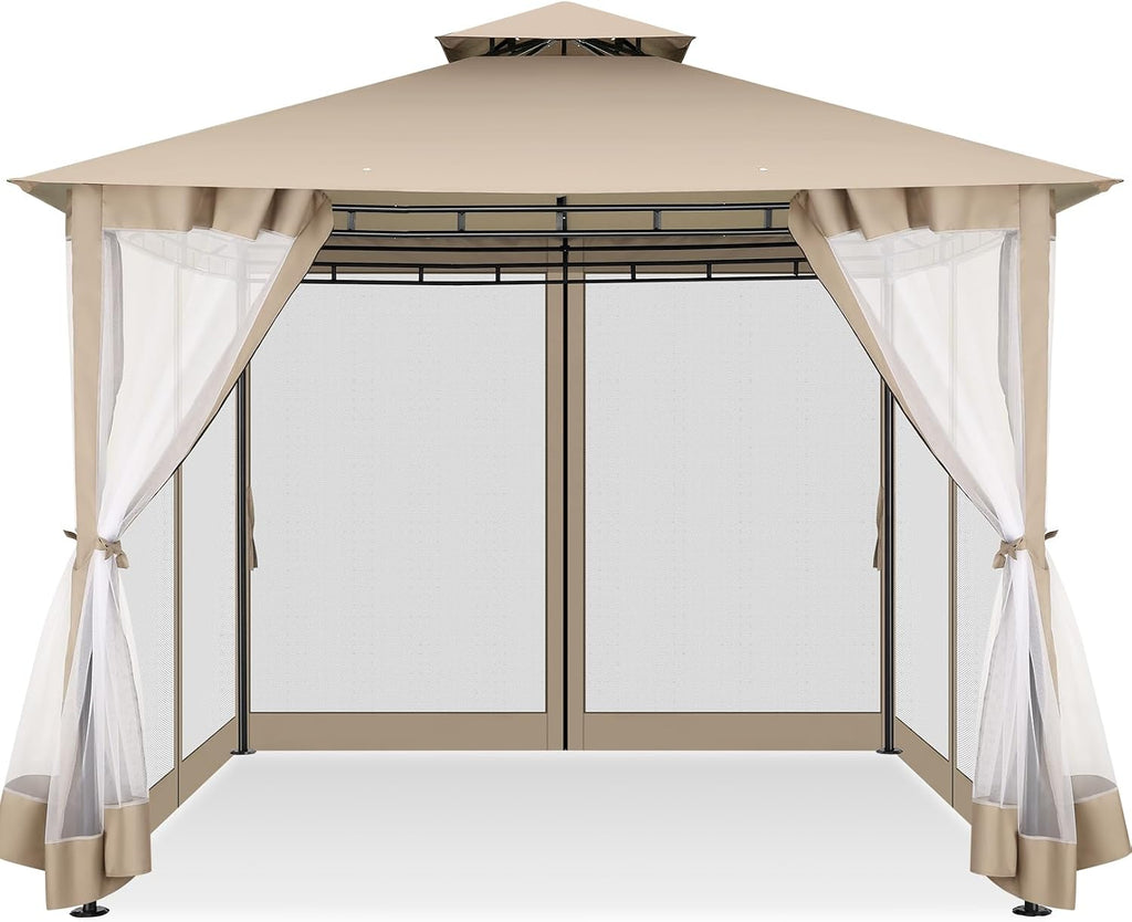 COBIZI Gazebo 10x10 Heavy Duty Gazebos with Improved Nettings Outdoor Gazebo Double Roof Patio Gazebos with Metal Steel Frame Outdoor Canopy for Patio, Deck, Backyard (Khaki)