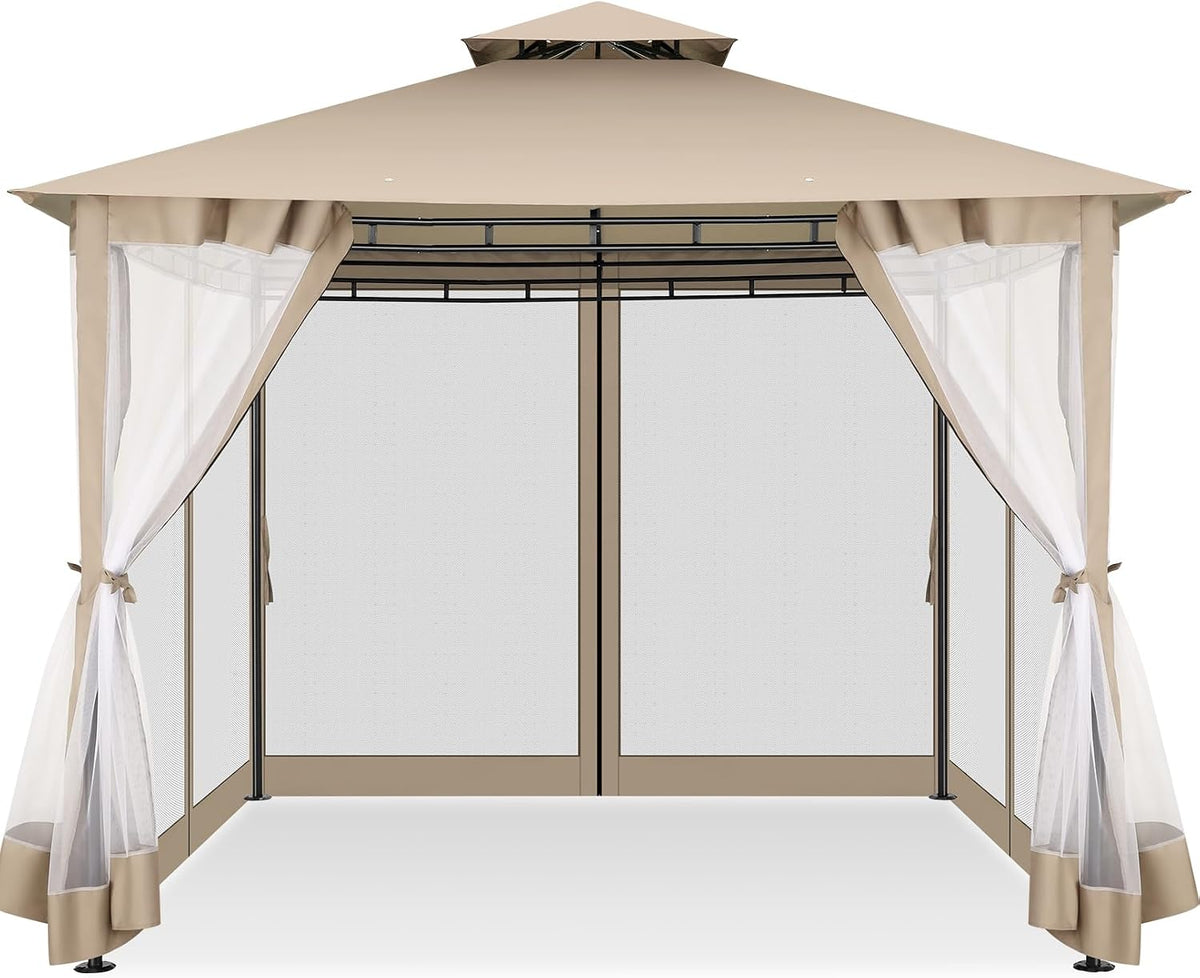 COBIZI Gazebo 10x10 Heavy Duty Gazebos with Improved Nettings Outdoor Gazebo Double Roof Patio Gazebos with Metal Steel Frame Outdoor Canopy for Patio, Deck, Backyard (Khaki)