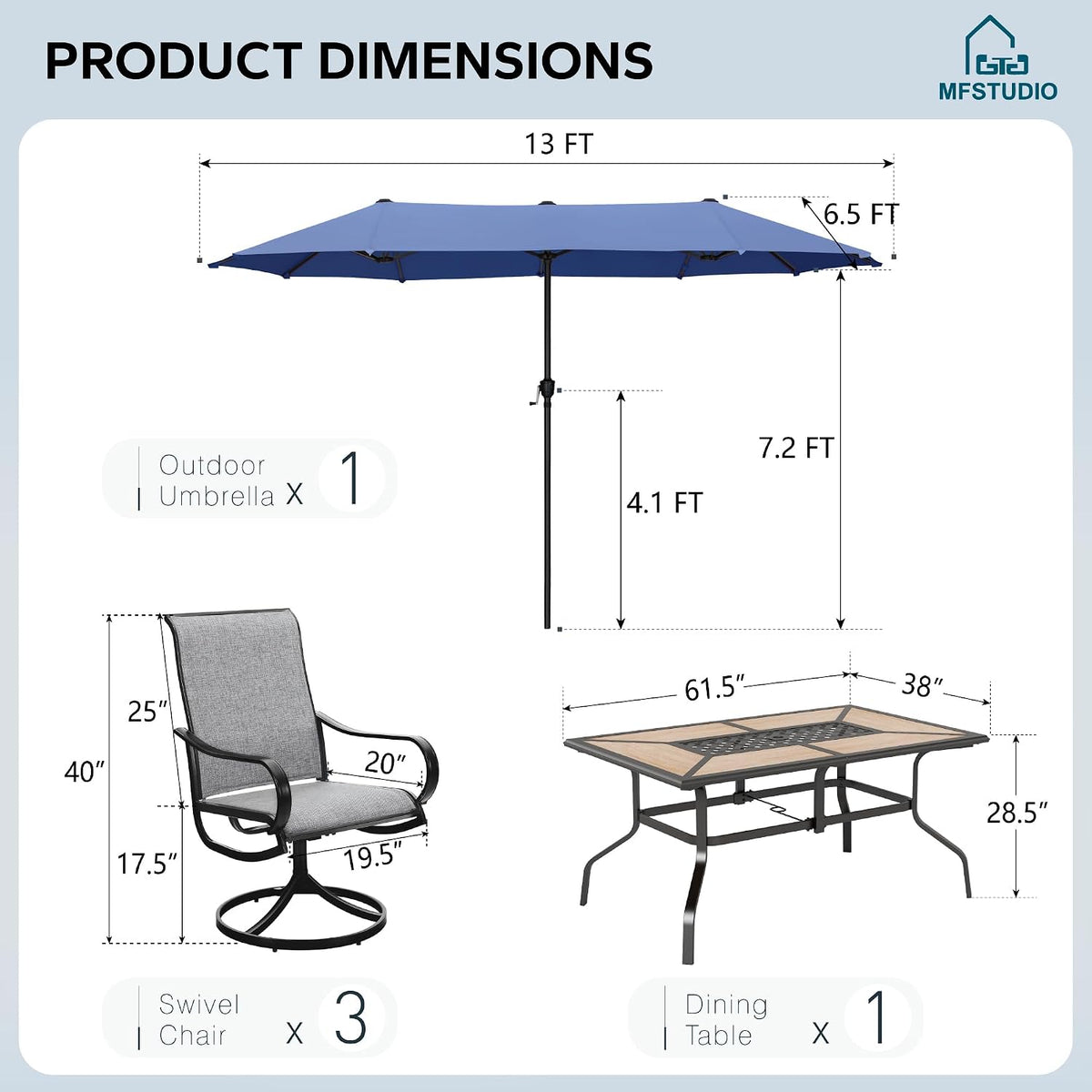 MFSTUDIO Outdoor Dining Set for 6, Patio Furniture Set with Blue Umbrella (Base not Included), Outdoor Table Chair Umbrella Set for Deck, Backyard, Lawn & Garden
