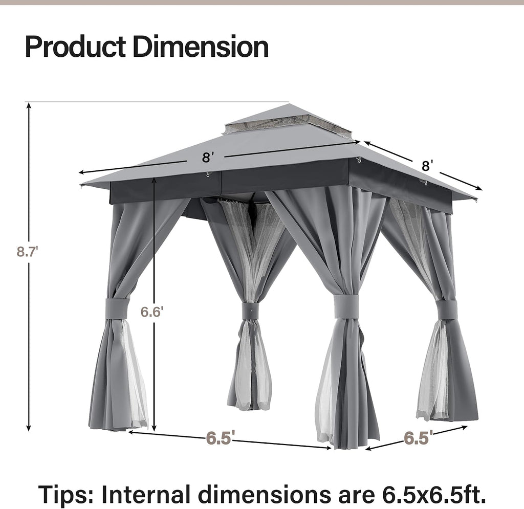 LAUSAINT HOME 8'x8' Outdoor Gazebo with 50FT String Lights, Metal Heavy Duty Patio Canopy Tent with Double Roofs, Mosquito Nettings and Privacy Screens for Backyard, Garden, Lawn, Gray