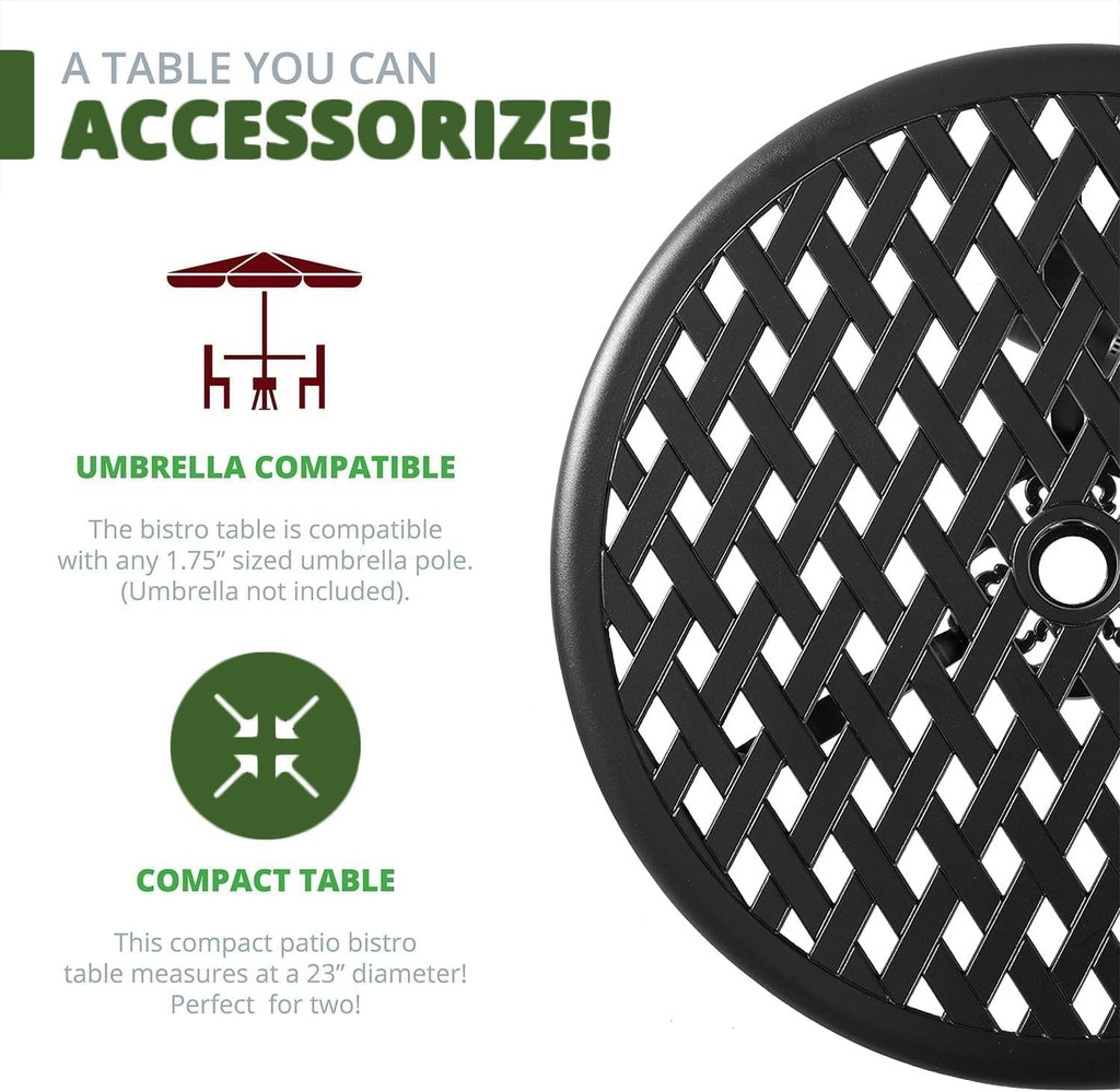 Outdoor Bistro Set 3 Piece Outdoor Bistro Table and Chairs Set Table with Umbrella Hole, Cushions, Cast Aluminum Patio Furniture for Porch, Backyard, Garden, Black