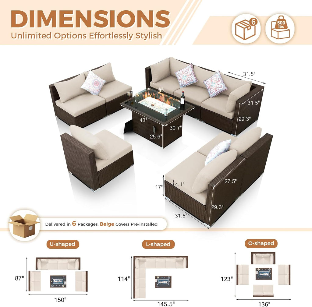 BULEXYARD 9 Piece High Back Outdoor Sectional Couch Set with Fire Pit, Elegant All-Weather Patio Furniture Set, Extra Large Size 8-Person Backyard Seating Group L-Shape for Yard, Deck, Brown & Beige