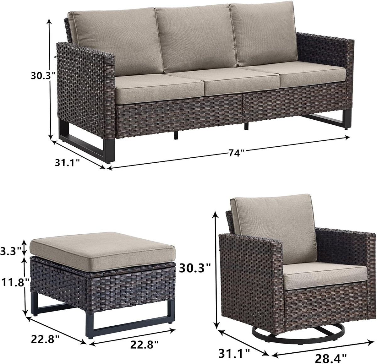 Rilyson Luxury Wicker Outdoor Patio Furniture Set - 7 Piece Patio Conversation Set with 4 Swivel Rocker Chairs,2 Rattan Ottoman and 1 Couch for Outside Porch Deck Backyard(Brown/Grey)