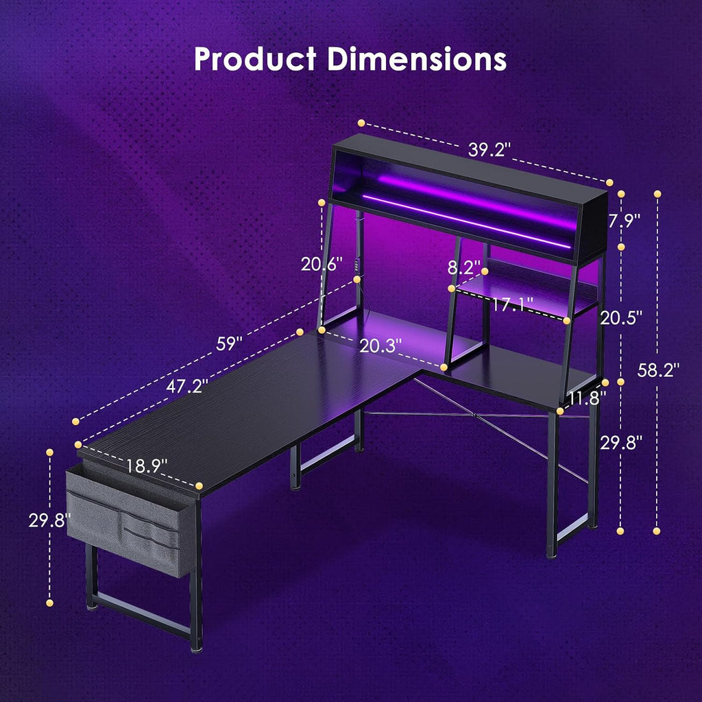 AODK L Shaped Gaming Desk with Led Lights, 59 Inch Reversible Gaming Computer Desk with Display Shelves, PC Gamer Desk Gamer Table with Storage Bag, L Desk for Game, Black
