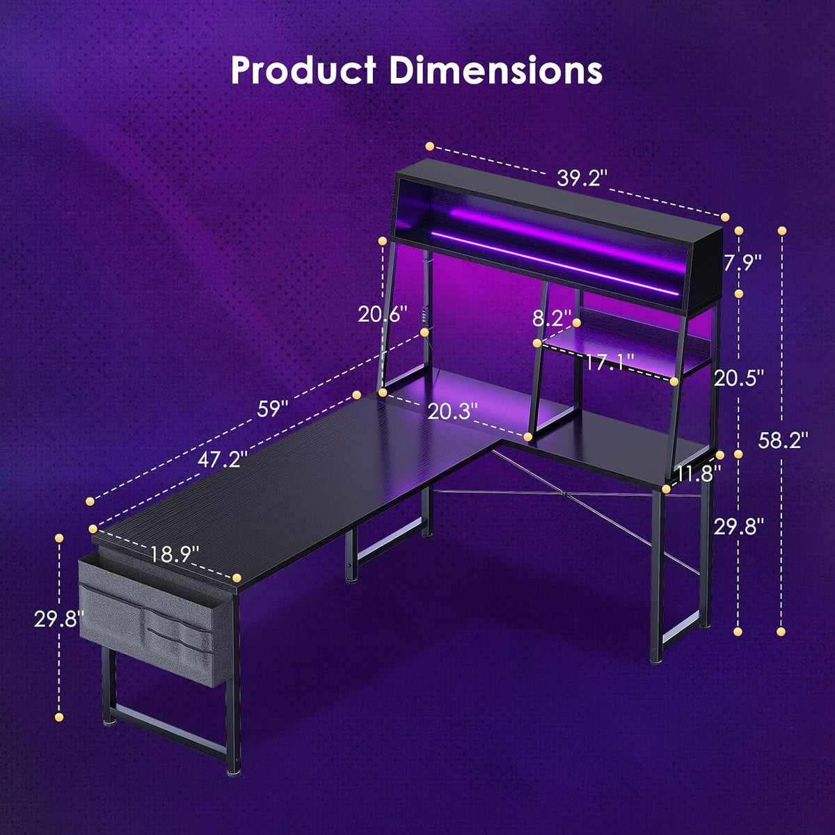 AODK L Shaped Gaming Desk with Led Lights, 59 Inch Reversible Gaming Computer Desk with Display Shelves, PC Gamer Desk Gamer Table with Storage Bag, L Desk for Game, Black