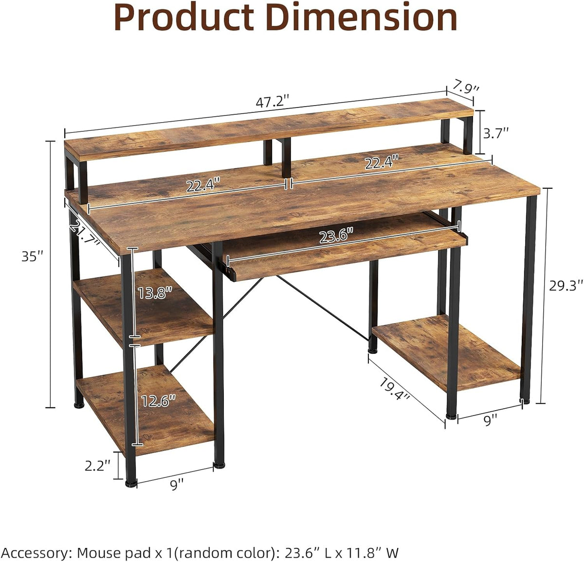 VERMESS 48Inch Computer Desk, Home Office Desks with Keyboard Tray, Gaming Desk with CPU Stand Shelf,Industrial Study Table Wide Writing Desk with Storage Shelves for 2 Monitors, Rustic Brown