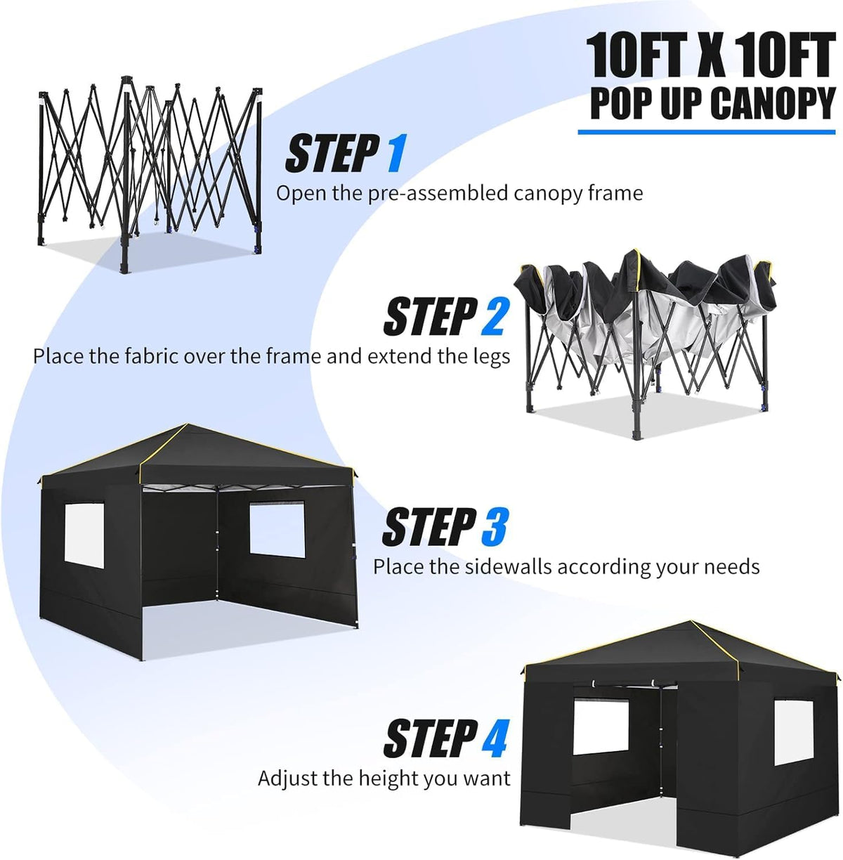 10x10 Pop Up Canopy Tent with 4 Sidewalls and Mesh Windows 2.0, Waterproof Commercial Instant Gazebo Tent Outdoor Canopy Tents for Party/Exhibition/Picnic with Carry Bag,4 Stakes & Ropes (Black)