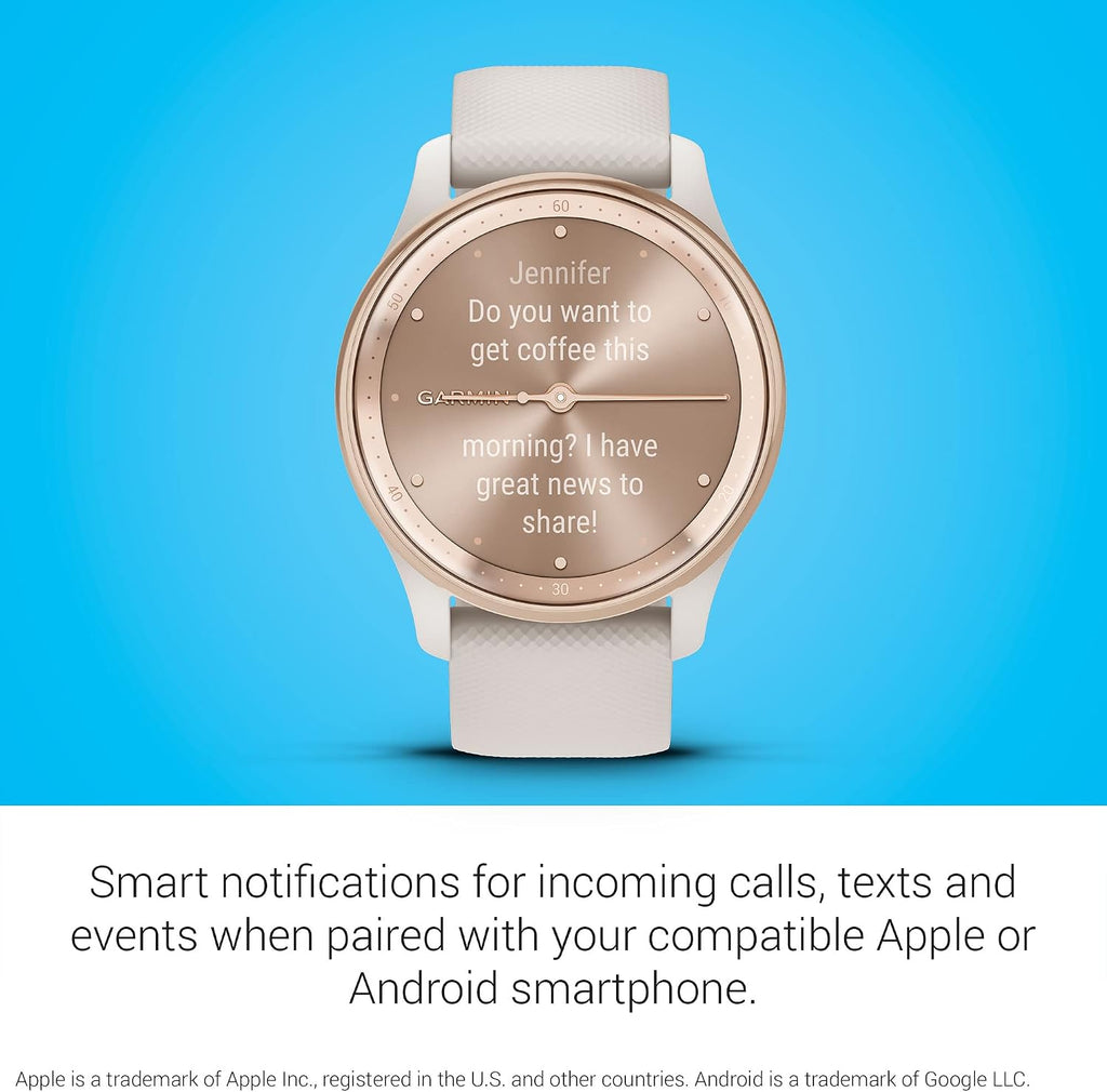 Garmin vívomove Trend, Stylish Hybrid Smartwatch, Long-Lasting Battery Life, Dynamic Watch Hands and Touchscreen Display, Peach Gold Stainless Steel Bezel with Ivory Case and Silicone Band