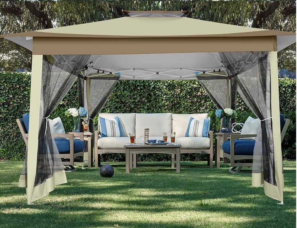 COBIZI 12x12 Pop Up Gazebo On Clearance - Upgrade Easy Up Metal Outdoor Canopy Waterproof - Portable Gazebo with Mosquito Nettings, 4 Ropes 8 Stakes and Carry Bag for Patio Garden(Khaki)