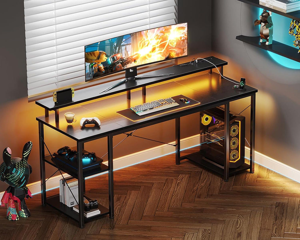 ODK 63 inch Computer Desk with Power Outlets & LED Lights, Gaming Desk with Monitor Stand & Storage Sheves, Home Office Desk, Carbon Fiber Black