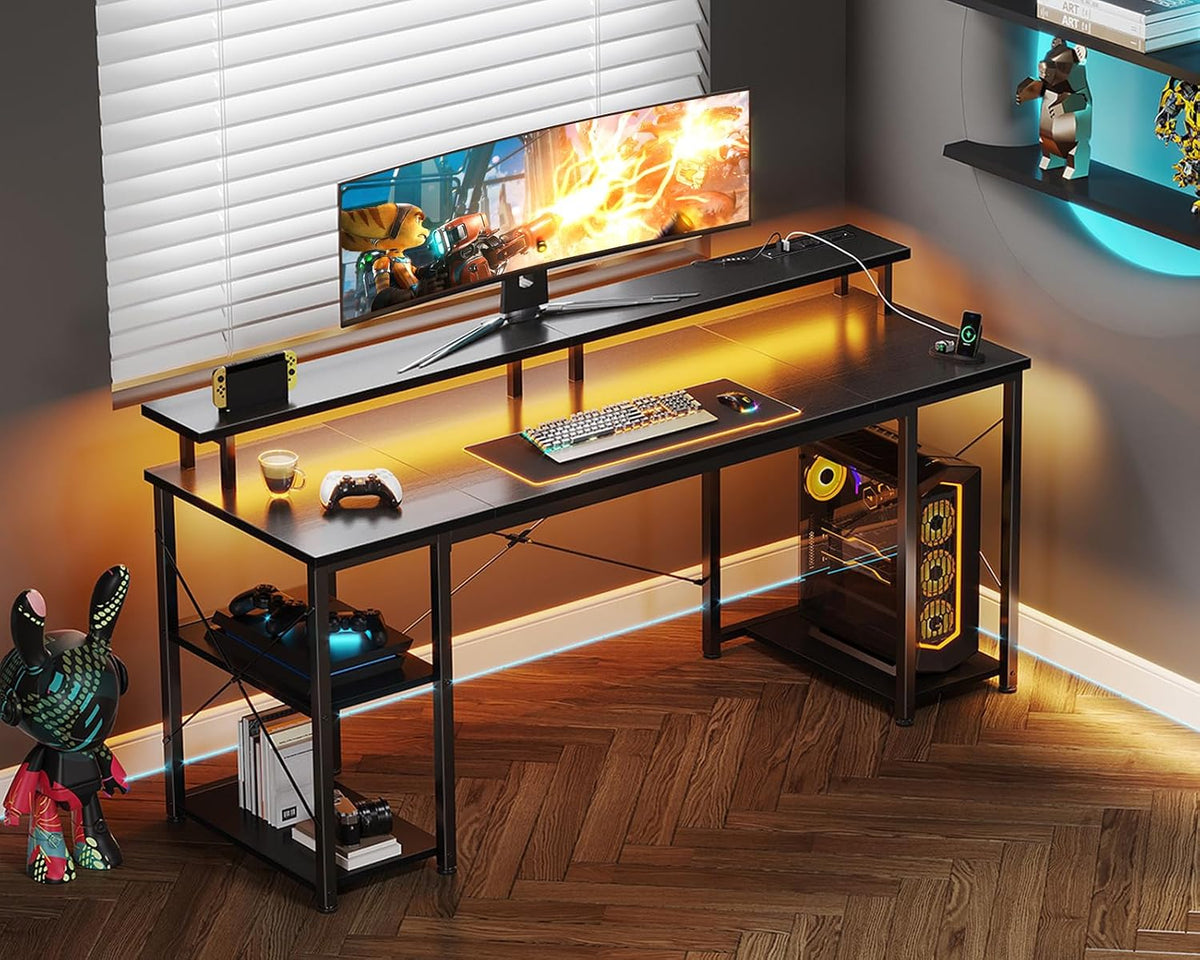 ODK 63 inch Computer Desk with Power Outlets & LED Lights, Gaming Desk with Monitor Stand & Storage Sheves, Home Office Desk, Carbon Fiber Black