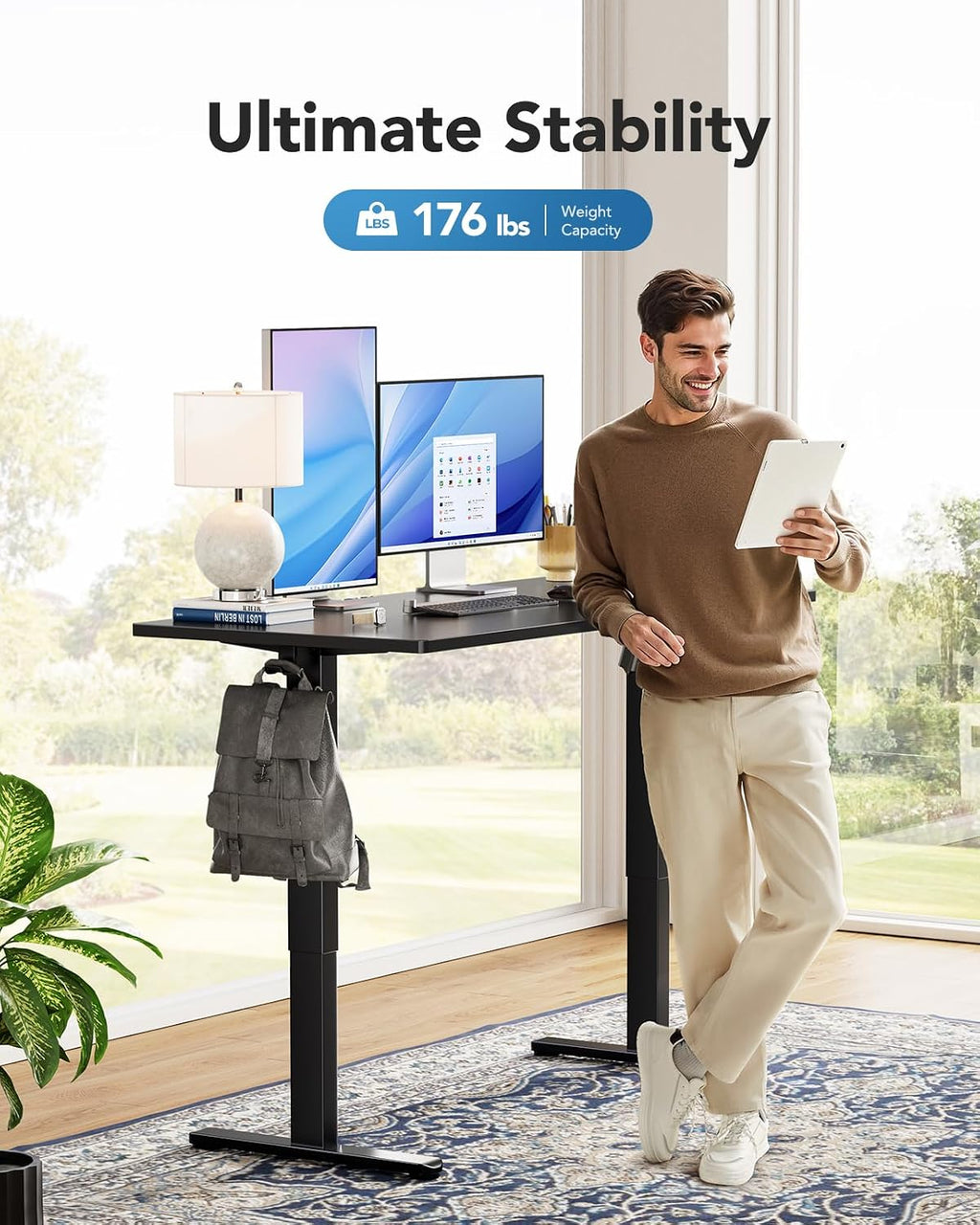 HUANUO Electric Standing Desk, Whole Piece Desktop, Adjustable Height Computer Desks, 4 Height Memory Settings, Sit Stand Up Desk for Home Office, 48' x 24', Black