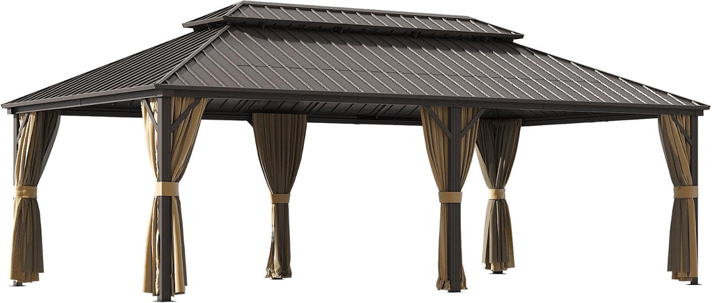 12×22 ft Outdoor Gazebo with Double-Layered Galvanized Steel roof, Hard-top Canopy Featuring Curtains and mesh Panels, Suitable for patios, Gardens, Decks, lawns, and backyards.