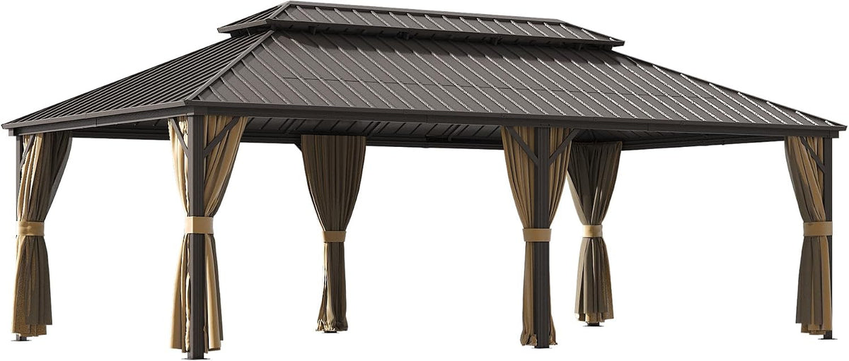 12×22 ft Outdoor Gazebo with Double-Layered Galvanized Steel roof, Hard-top Canopy Featuring Curtains and mesh Panels, Suitable for patios, Gardens, Decks, lawns, and backyards.