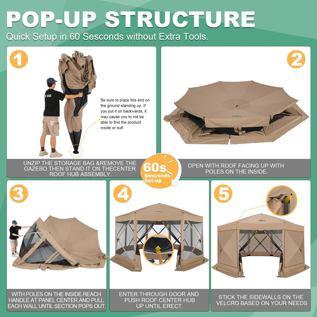 COBIZI 15x15 FT Pop Up Gazebo - Canopy Tent, Large Gazebos On Clearance with Sidewalls,carpas para Patio,Screened in Gazebo,Portable Screen Tents for 12-15 Persons Outdoor Camping, Backyard, Khaki