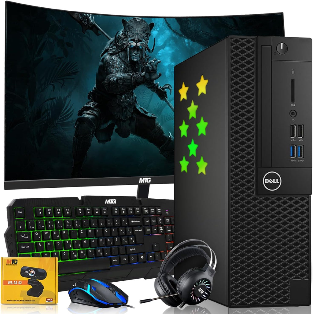 Dell Desktop PC Gaming Bundle - Core i7, 16GB RAM, 512GB SSD, 27-inch Curved Monitor, GT 730, RGB Keyboard with AI-Enabled Copilot Key, Mouse, RGB Headphone, Webcam, Wi-Fi, Windows 11 Pro (Renewed)