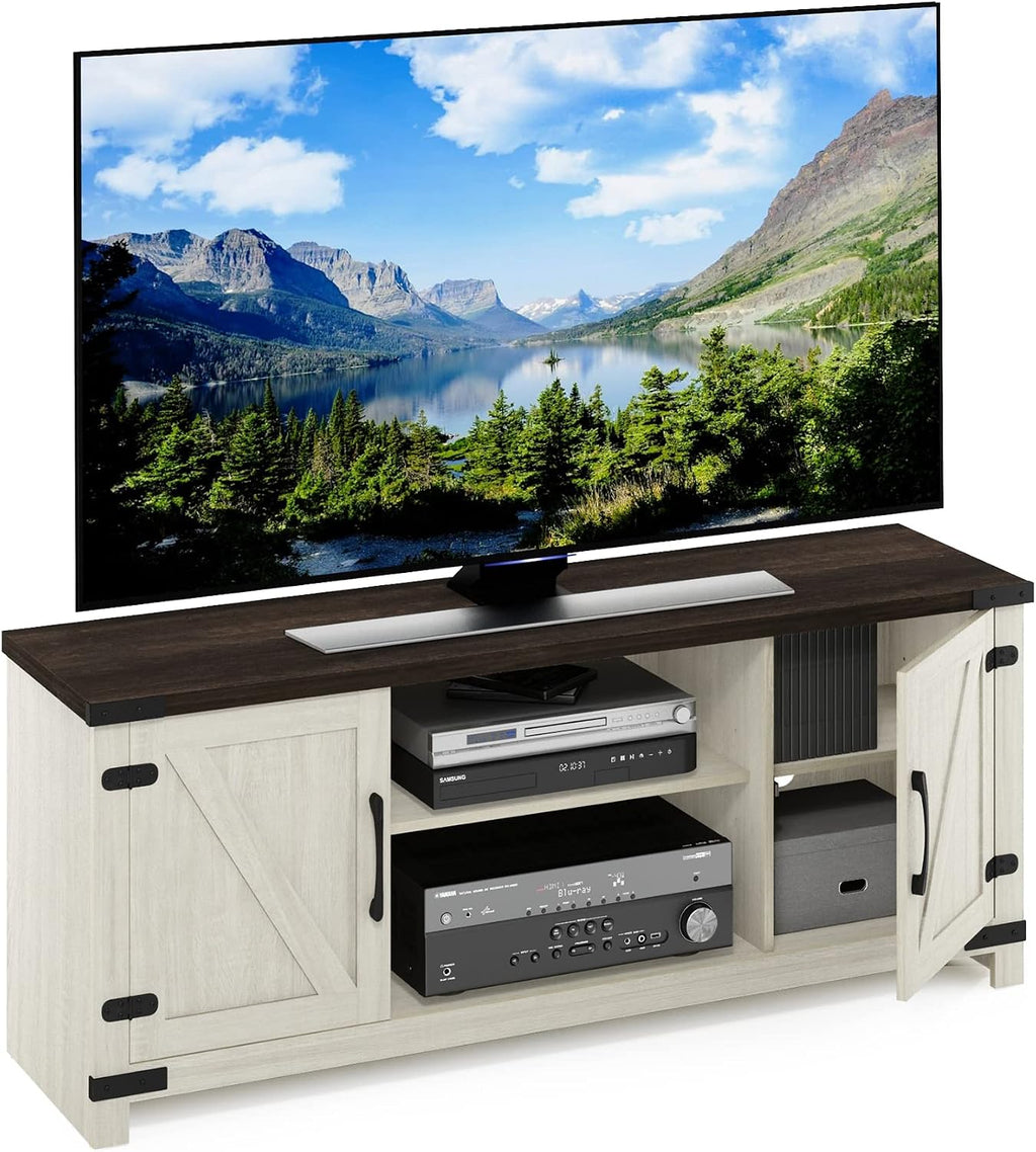 Furinno Jensen Farmhouse Barn Door Living Room TV Stand with Storage Cabinets for TV up to 70 Inch, Ebony/White Wash