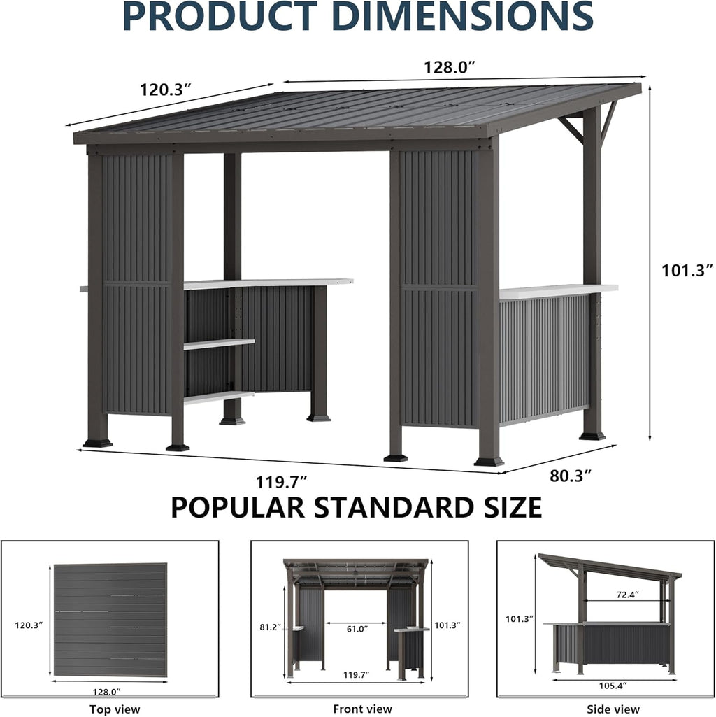 10' x 10' Hardtop Grill Gazebo,Outdoor Galvanized Steel BBQ Lean to Gazebo with 2 Side Shelves,Permanent Hardtop Grill Canopy with Independent Countertop for Patio Backyard Lawn Garden