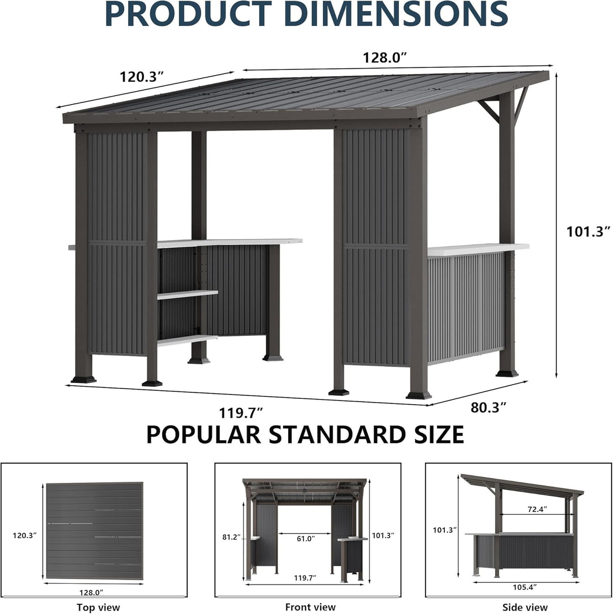10' x 10' Hardtop Grill Gazebo,Outdoor Galvanized Steel BBQ Lean to Gazebo with 2 Side Shelves,Permanent Hardtop Grill Canopy with Independent Countertop for Patio Backyard Lawn Garden