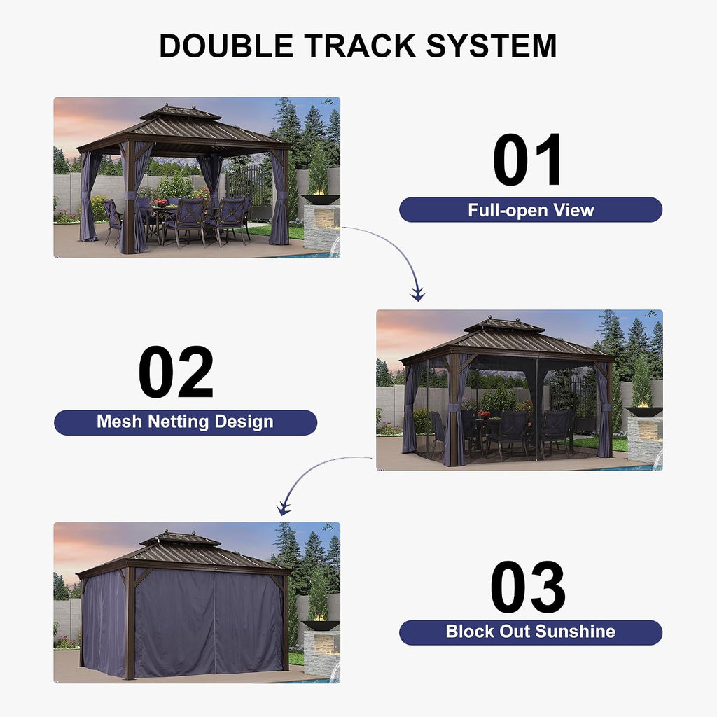 PURPLE LEAF 10' X 14' Permanent Hardtop Gazebo for Patio with Netting and Curtains Deck Backyard Heavy Duty Sunshade Metal Roof All Weather Outdoor Pavilion Canopy