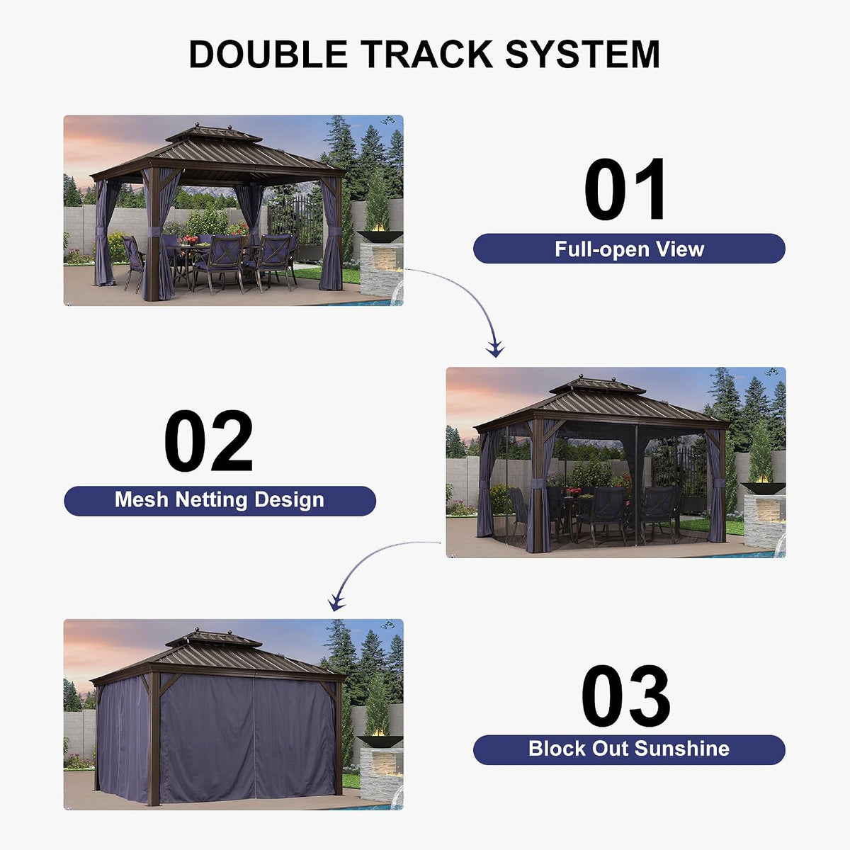 PURPLE LEAF 10' X 14' Permanent Hardtop Gazebo for Patio with Netting and Curtains Deck Backyard Heavy Duty Sunshade Metal Roof All Weather Outdoor Pavilion Canopy