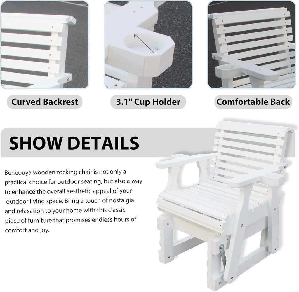 Outdoor Glider Chair,2-Seater Wooden Glider Patio Furniture Set with Table, Cupholder, High Back and Deep Contoured Seater, for Porch, Patio and Balcony, White