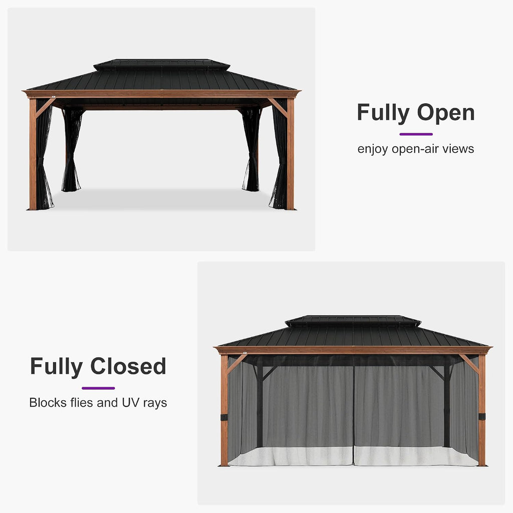PURPLE LEAF 10' X 16' Outdoor Hardtop Gazebo for Patio Galvanized Steel Double Roof Permanent Canopy Teak Finish Coated Aluminum Frame Pavilion Gazebo with Netting