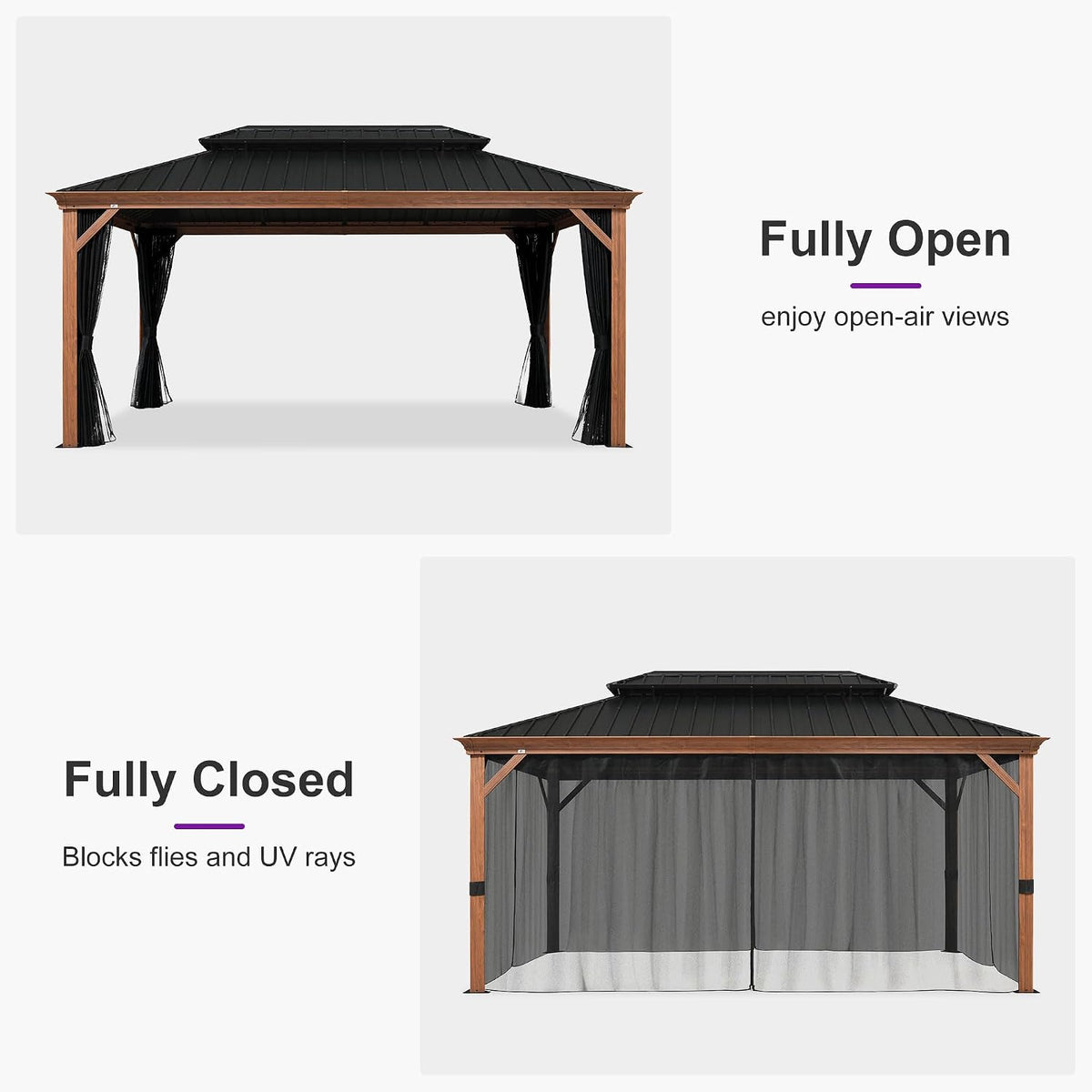PURPLE LEAF 10' X 16' Outdoor Hardtop Gazebo for Patio Galvanized Steel Double Roof Permanent Canopy Teak Finish Coated Aluminum Frame Pavilion Gazebo with Netting