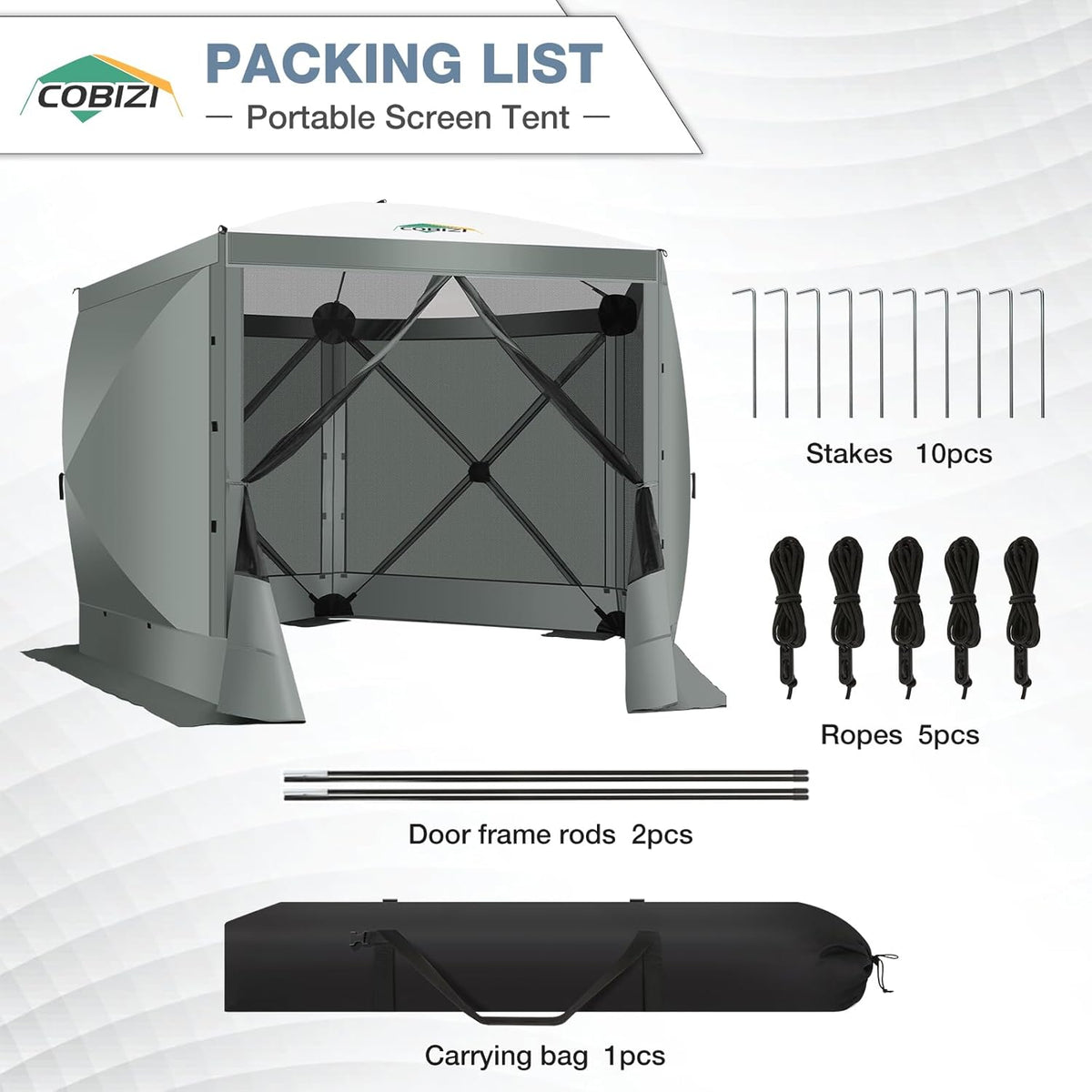 COBIZI Pop Up Gazebo Screen Tent Screen House for Camping, 10x10 Screen Room with Mosquito Netting, Hub Tent Instant Screened Canopy with Carrying Bag and Ground Stakes, Gray