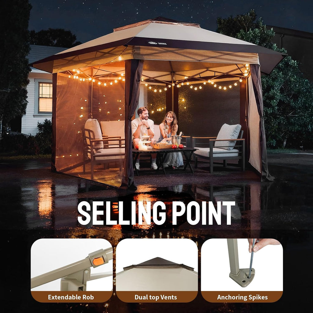 CROWN SHADES 13x13 Pop Up Gazebo with Mosquito Nettings, Patented Center Lock 6-Sided Portable Gazebo, 300D Silver-Coated Fabric UV Resistant, Pop Up Canopy Tent for Patio, Party, Beige&Coffee