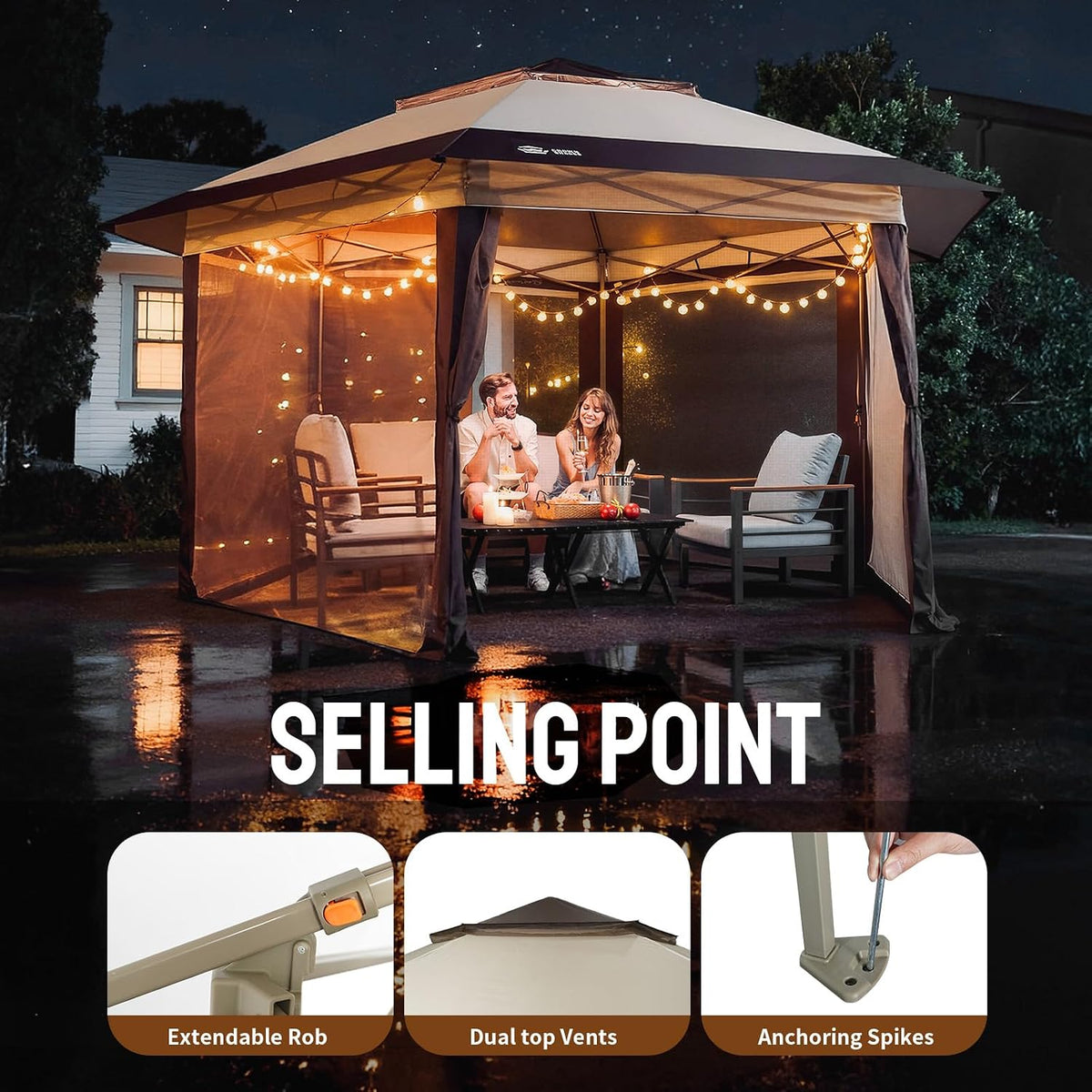 CROWN SHADES 13x13 Pop Up Gazebo with Mosquito Nettings, Patented Center Lock 6-Sided Portable Gazebo, 300D Silver-Coated Fabric UV Resistant, Pop Up Canopy Tent for Patio, Party, Beige&Coffee