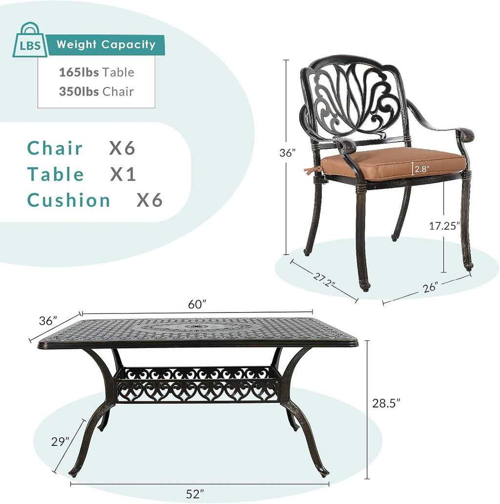 MEETWARM 7-Piece Outdoor Patio Dining Set, All-Weather Cast Aluminum Patio Conversation Set for Backyard Garden Deck with 6 Cushioned Chairs, 1 Rectangular Table, 2' Umbrella Hole, Dark Bronze