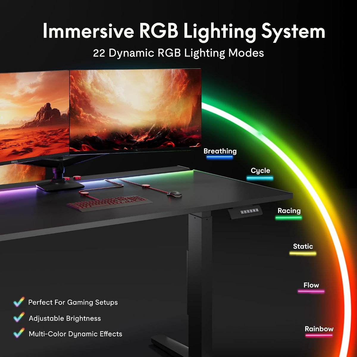 FLEXISPOT Electric RGB Gaming Standing Desk, 55' Dual Motor Height Adjustable Desk with Integrated Cable Management, Ergonomic Sit-Stand Computer Workstation for PC Gamers